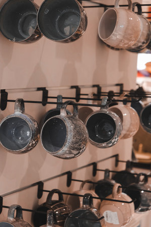 Coffee cups and pots hanging on a shelf in a coffee shopの写真素材
