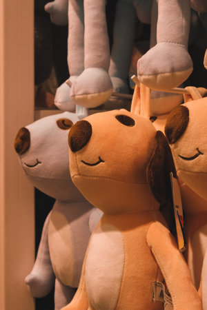 Soft toys in a shop window, closeup of photo with soft focusの写真素材