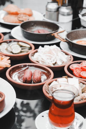 Colorful Turkish breakfast spread with regional specialtiesの写真素材