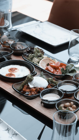 Traditional Turkish breakfast with fresh ingredientsの写真素材