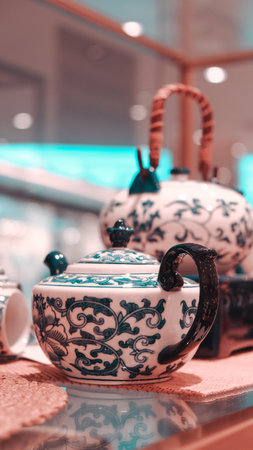 Ceramic teapots in a shop window. Selective focus.の写真素材