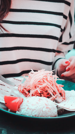 A hot plate of perfectly cooked meatの写真素材