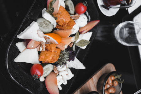 Fresh fruits and healthy foods for a morning mealの写真素材