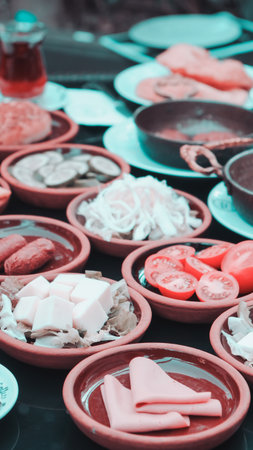 Fresh fruits and healthy foods for a morning mealの写真素材