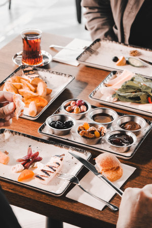 Traditional Turkish breakfast with fresh ingredientsの写真素材