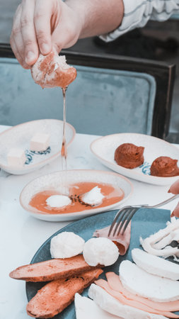 Colorful Turkish breakfast spread with regional specialtiesの写真素材