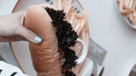 Delicious meat sandwich on the tableの写真素材