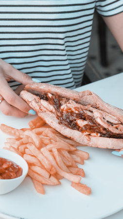 Delicious meat sandwich on the tableの写真素材