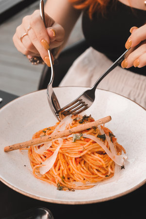 Tasty appetizing classic Italian pasta with a delicious sauce.の写真素材