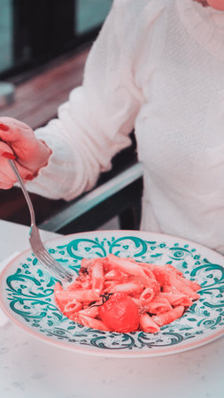 Tasty appetizing classic Italian pasta with a delicious sauce.の写真素材