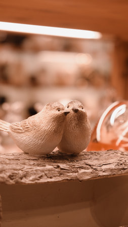Couple of pigeons on a shelf in a shop, closeup of photoの写真素材