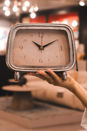 cropped shot of woman holding alarm clock in cafe, time conceptの写真素材