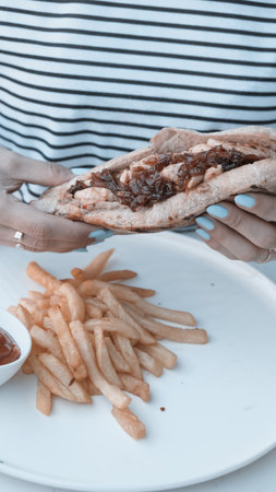 Delicious meat sandwich on the tableの写真素材