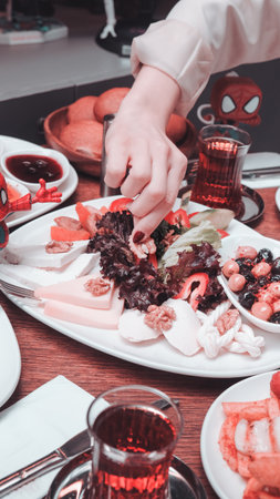 A vibrant breakfast spread with colorful ingredientsの写真素材