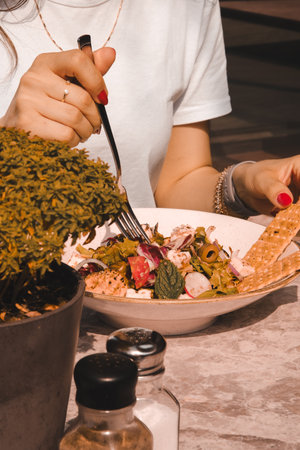 Fresh salad plate with mixed greensの写真素材