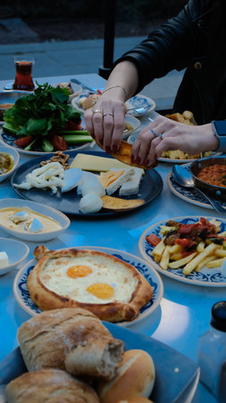 Colorful Turkish breakfast spread with regional specialtiesの写真素材