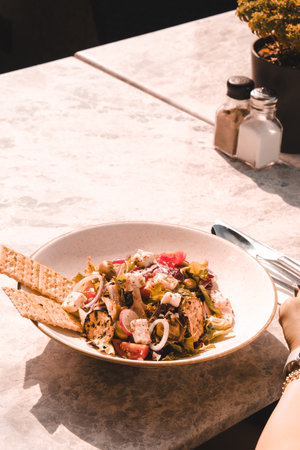 Fresh salad plate with mixed greensの写真素材