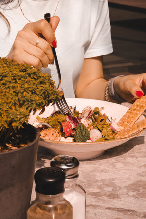 Fresh salad plate with mixed greensの写真素材