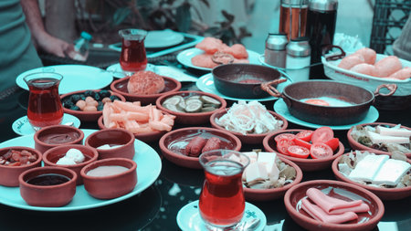 Traditional Turkish breakfast with fresh ingredientsの写真素材