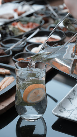 Traditional Turkish breakfast with fresh ingredientsの写真素材