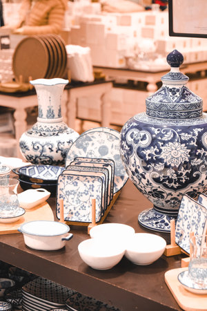 Porcelain crockery in a shop window in Paris, Franceの写真素材