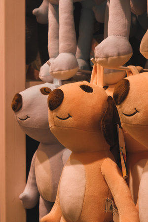 Soft toys on shelf in store, closeup of photo. soft toysの写真素材