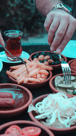 Colorful Turkish breakfast spread with regional specialtiesの写真素材