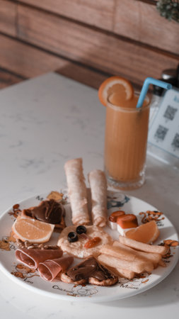 Close-up of a delicious homemade breakfast spreadの写真素材