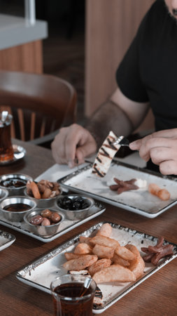 Colorful Turkish breakfast spread with regional specialtiesの写真素材