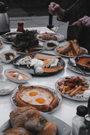 A bright and cheerful breakfast spread on a tableの写真素材