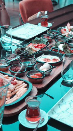 A bright and cheerful breakfast spread on a tableの写真素材
