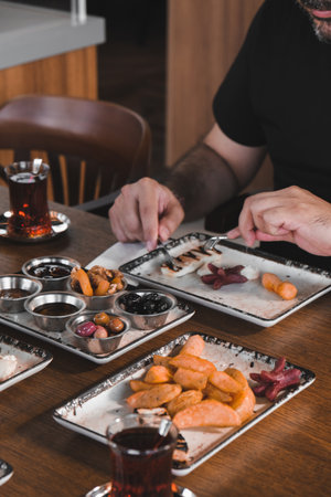 Colorful Turkish breakfast spread with regional specialtiesの写真素材