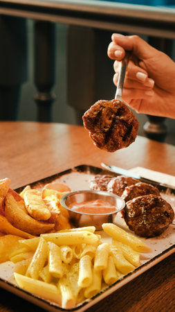 Delicious meatballs with french friesの写真素材