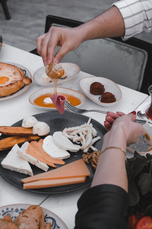 Close-up of a delicious homemade breakfast spreadの写真素材
