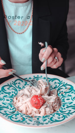 Tasty appetizing classic Italian pasta with a delicious sauce.の写真素材