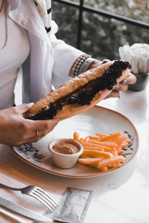 Delicious meat sandwich on the tableの写真素材