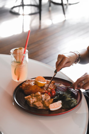 Delicious schnitzel served with friesの写真素材