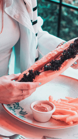 Delicious meat sandwich on the tableの写真素材