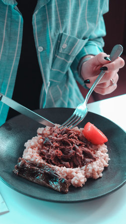 Savory and satisfying, a plate of meatの写真素材