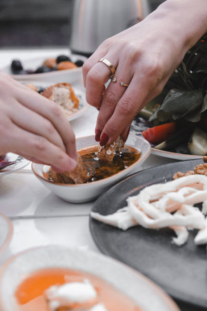 Close-up of a delicious homemade breakfast spreadの写真素材