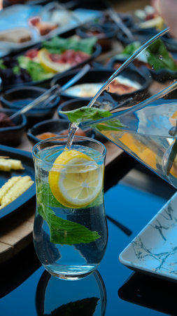 Traditional Turkish breakfast with fresh ingredientsの写真素材