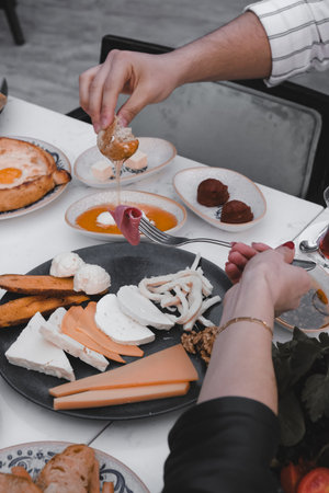 A bright and cheerful breakfast spread on a tableの写真素材