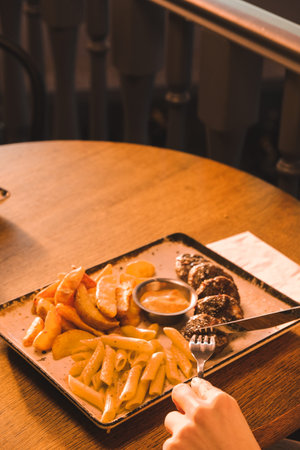Delicious meatballs with french fries