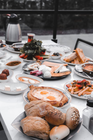 Colorful Turkish breakfast spread with regional specialtiesの写真素材