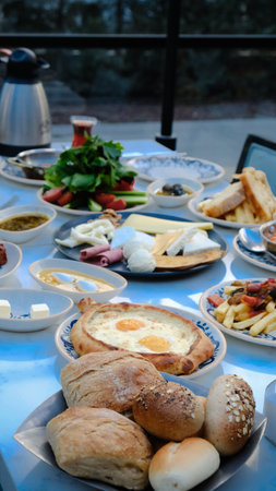 A bright and cheerful breakfast spread on a tableの写真素材
