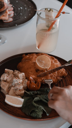 Delicious schnitzel served with french friesの写真素材