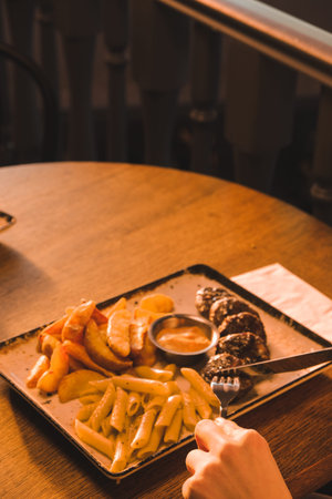 Delicious meatballs with french fries