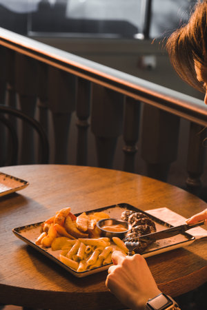 Delicious meatballs with french friesの写真素材
