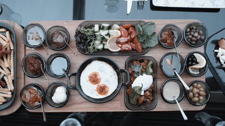 Traditional Turkish breakfast with fresh ingredientsの写真素材