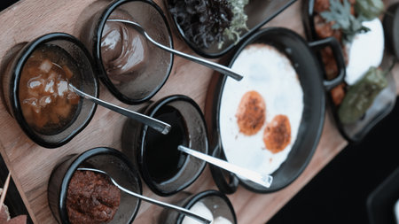 A vibrant breakfast spread with colorful ingredientsの写真素材